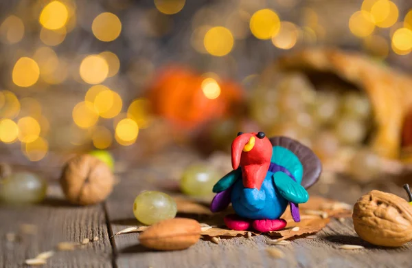 Handmade Turkey Thanksgiving Background Blurred Night Lights Closeup — Stock Photo, Image