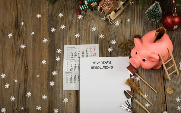 Folha Papel Branco Banco Porquinho Rosa Fundo Ano Novo Resoluções — Fotografia de Stock