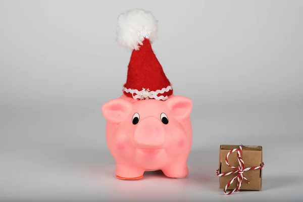 Pink Piglet Santa Claus Hat Christmas Present Closeup — Stock Photo, Image