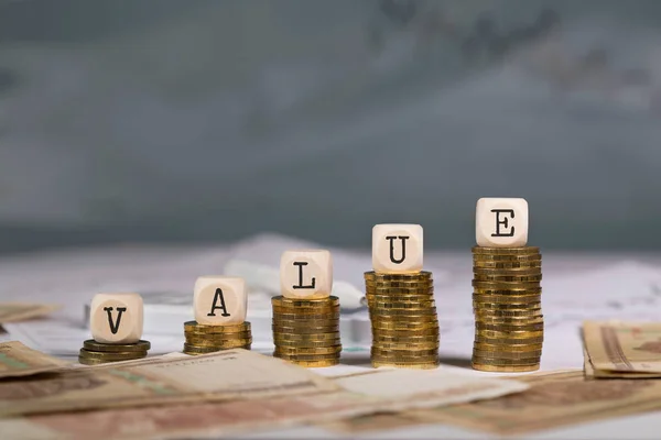 Word Value Composed Wooden Letter Closeup — Stock Photo, Image