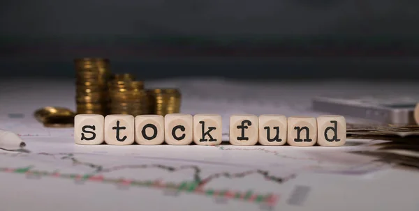 Woorden Stock Fund Samengesteld Uit Houten Brief Stapels Munten Achtergrond — Stockfoto