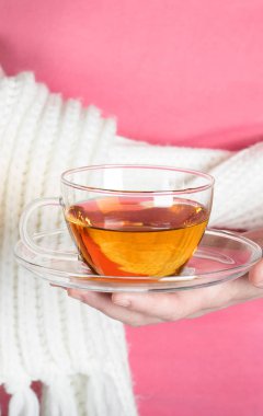 Genç kadın cam bardak bitkisel çay tutar.