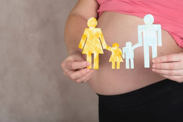 Young pregnant woman keeps paper cutouts of a family. Closeup — Stock Photo, Image