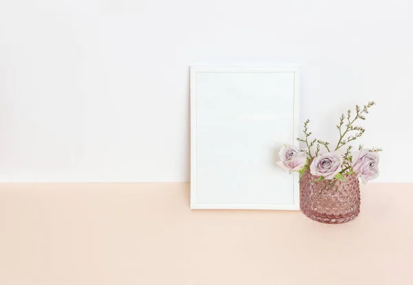 Flat Lay White Frame Green Plant Pink Minimalistic Concept — Stock ...