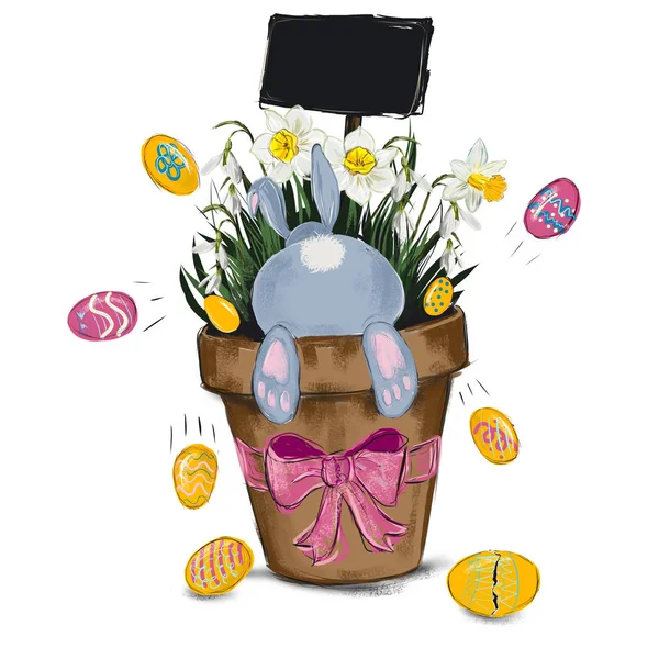 Tavşan saksının içinde, elinde çiçekler ve yumurtalarla oturuyor. Renkli mutlu paskalya bayramlı güzel bir davetiye. Gri tavşan kulakları.