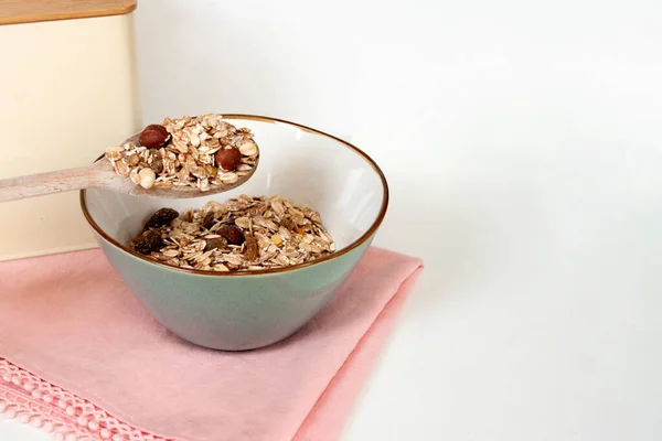 Desayuno Muesli Avena Tazón Cerámica Con Cuchara Madera Comida Natural —  Fotos de Stock