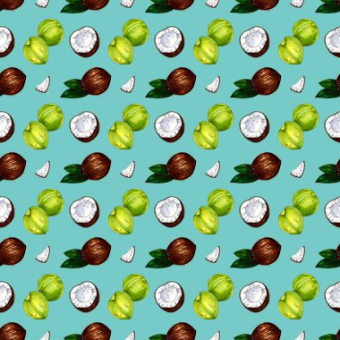 Dilimlenmiş hindistan cevizi ve yeşil meyve desenli kusursuz bir arka plan. Kumaş tasarımı veya paket.