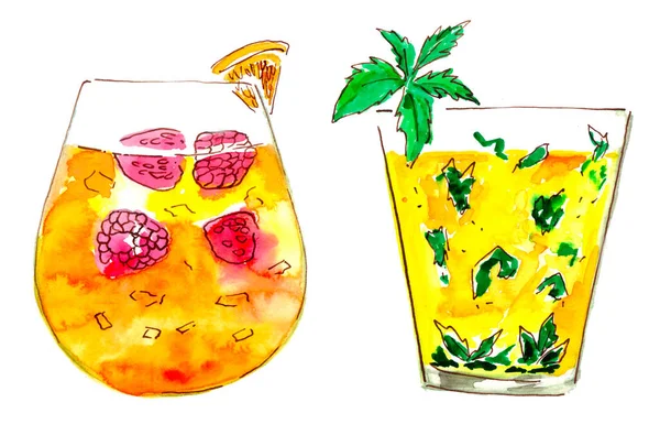 Cocktails Aquarellfarbe Farbenfrohe Kunst Handzeichnung — Stockfoto