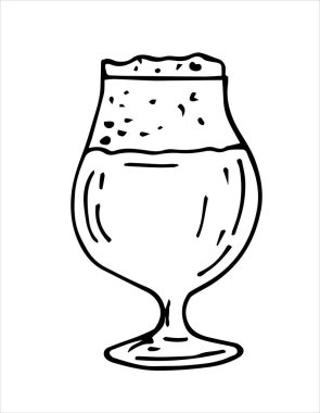 Bira bardağı, köpüklü, ana hatlı, vektör illüstrasyonlu, el çizimi. Bar veya bar menüsü için tasarım.