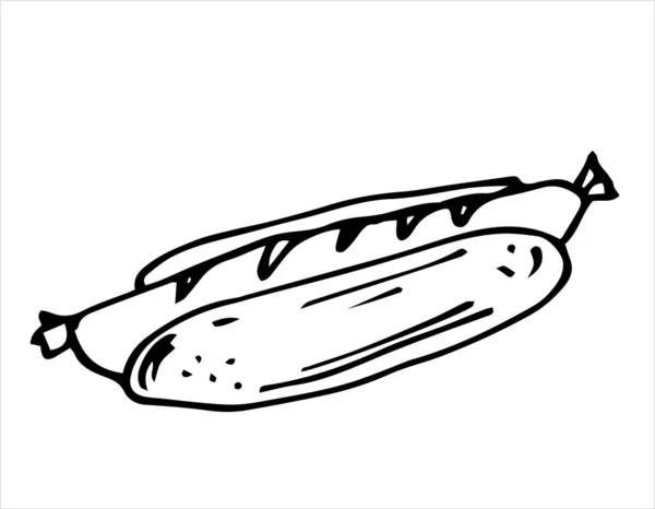 Hotdog Icoon Schets Ontwerp Broodje Met Worst Vectorillustratie Handgetekend Voedsel — Stockvector