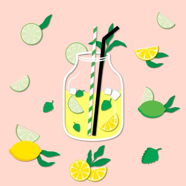 Nane buzlu ve pipetli limonata kavanozunun kâğıt çizimi