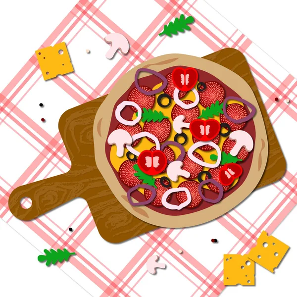Ilustración Papel Pizza Con Tomates Pepperoni Champiñones Rúcula Aceitunas Cebollas — Vector de stock