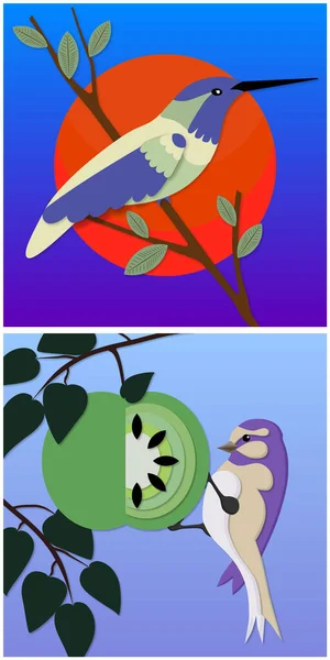 Illustration Vectorielle Oiseaux Sur Une Branche Utilisant Technique Duplication Papier — Image vectorielle