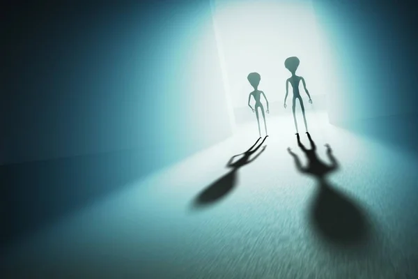 Spooky Silhouettes Aliens Bright Light Background Rendered Illustration — Stock Photo, Image