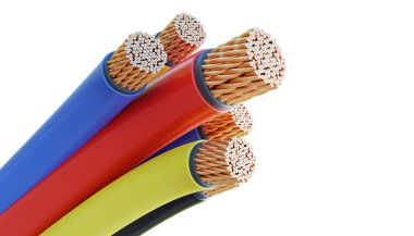 Renkli bakır kablolar ve teller beyaz arka plan üzerinde izole. 3D render illüstrasyon.