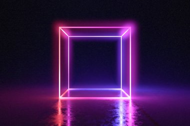 Karanlık odada parlak soyut neon küp. 3D render illüstrasyon.