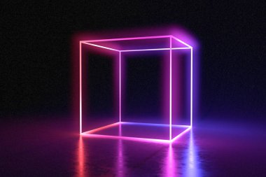 Karanlık odada parlak soyut neon küp. 3D render illüstrasyon.