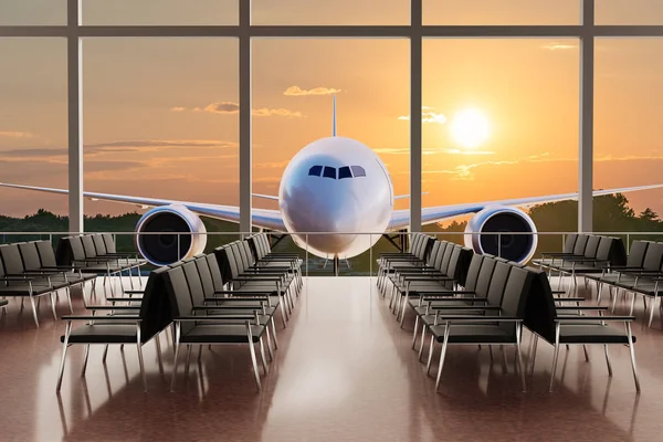 Salón Terminal Del Aeropuerto Vacío Avión Fondo Atardecer Ilustración Renderizada — Foto de Stock