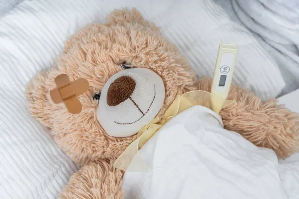Sick Teddy bear with plaster and thermometer is lying in bed.