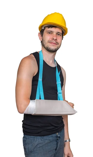 Injured Worker Smiling Wearing Medical Sling His Arm — Stock Photo, Image