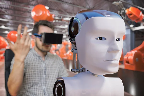 Человек Наушниками Управляет Роботизированной Головой Концепция Искусственного Интеллекта Рендеринг Робота — стоковое фото