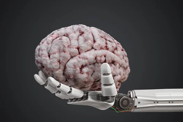 Concepto Inteligencia Artificial Mano Robótica Sostiene Cerebro Humano Ilustración Renderizada — Foto de Stock