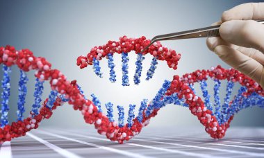 Genetik Mühendisliği, GDO ve gen manipülasyon kavramı. El Dna dizisi ekleme. DNA'ın 3D çizim.