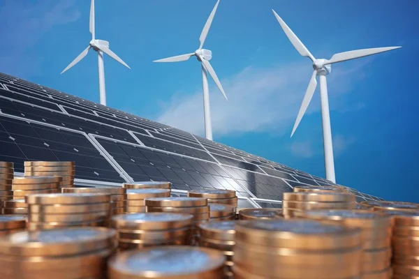 Экономика Альтернативной Энергетики Деньги Перед Солнечными Батареями Ветряными Турбинами Рендеринг — стоковое фото