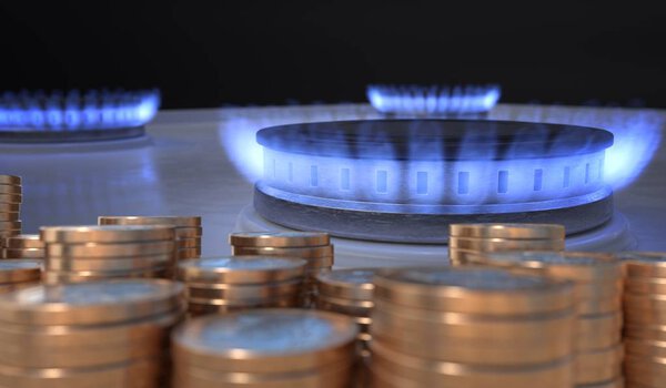 Flame from gas burner and money in front. 3D rendered illustration.