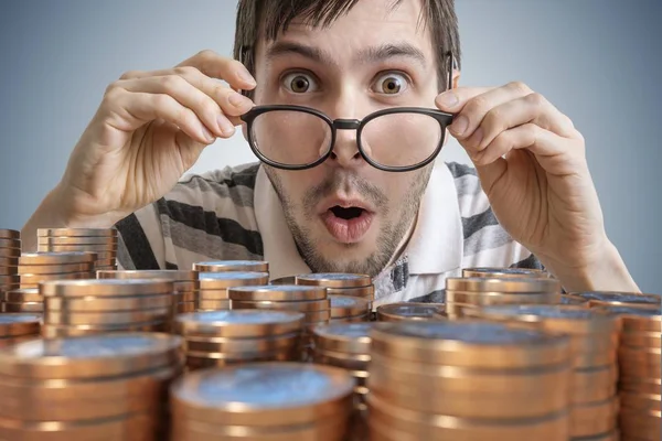 Young Surprised Man Wins Money Lot Coins Front — Stock Photo, Image