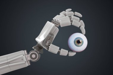 Robot elini insan gözü tutuyor. 3D render illüstrasyon.