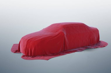 Yeni araba ile kırmızı kumaş kaplı. 3D render illüstrasyon.