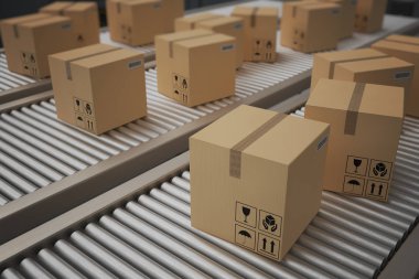 Conveyor with many cardboard boxes. Package delivery concept. 3D rendered illustration. clipart