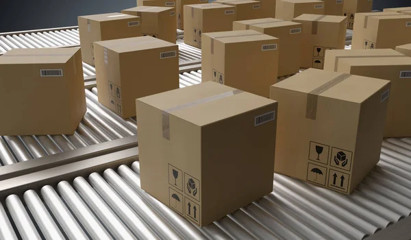 Transportador Con Muchas Cajas Cartón Concepto Entrega Paquetes Ilustración Renderizada — Foto de Stock
