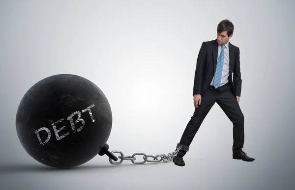 Young Businessman Has Chained Big Metal Ball His Leg Debt — Stock Photo, Image