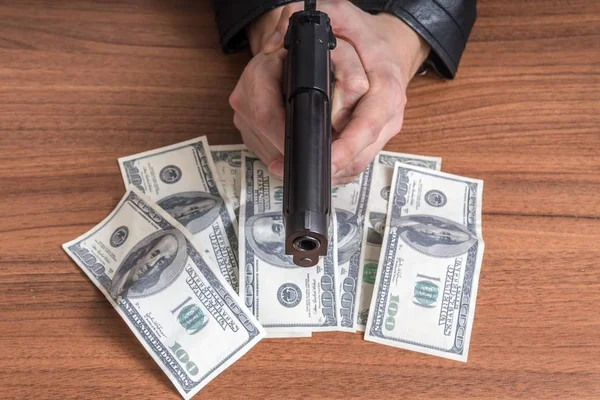 Robbery Concept Man Holding Gun Hands Stealing Money — Stock Photo, Image