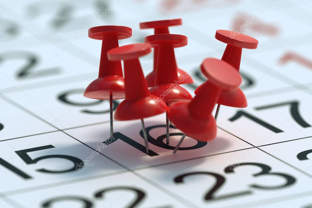 Busy day concept. Many pushpins pinned to one day in calendar. 3D rendered illustration.