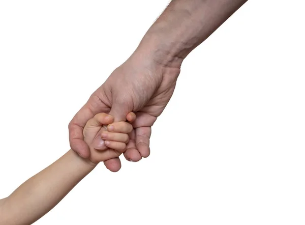 Padre Tiene Mano Suo Figlio Isolato Sfondo Bianco — Foto Stock