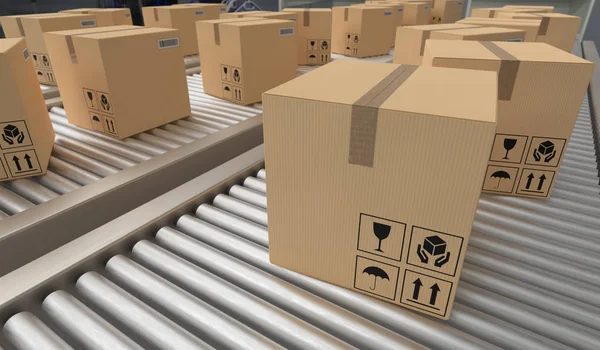 Conveyor with many cardboard boxes. Package delivery concept. 3D rendered illustration.