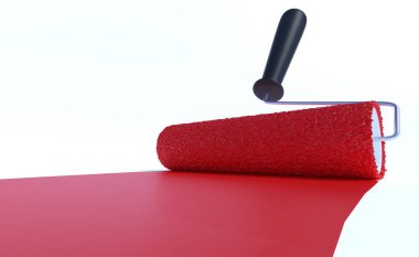 Kırmızı renkle boya silindiri. Beyaz arka plan üzerinde izole. 3D render illüstrasyon.