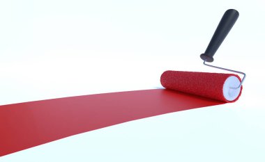 Kırmızı renkle boya silindiri. Beyaz arka plan üzerinde izole. 3D render illüstrasyon.