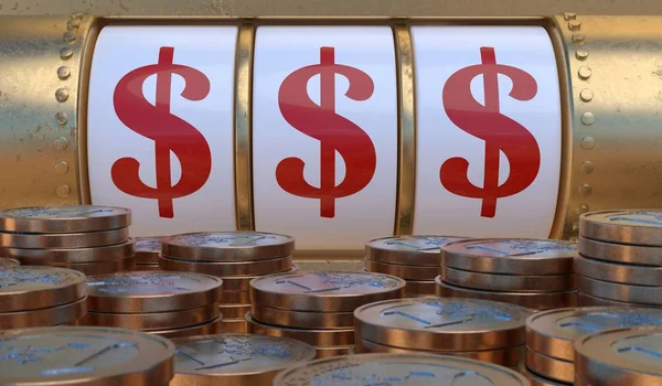 Slot Machine Casino Visar Vinnande Dollartecken Och Många Mynt Utsmält — Stockfoto