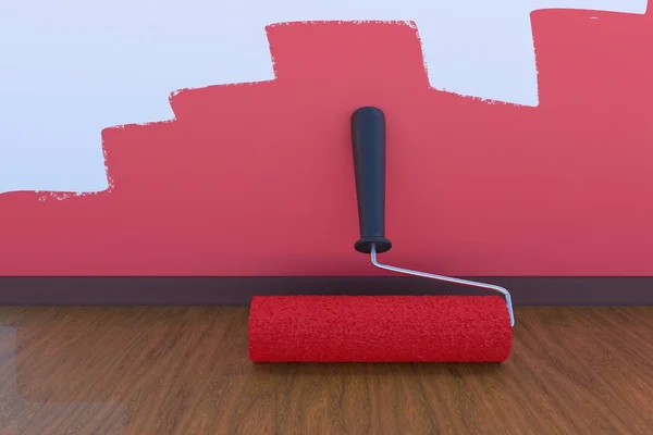 Room painting concept. Paint roller with red color indoors. 3D rendered illustration.