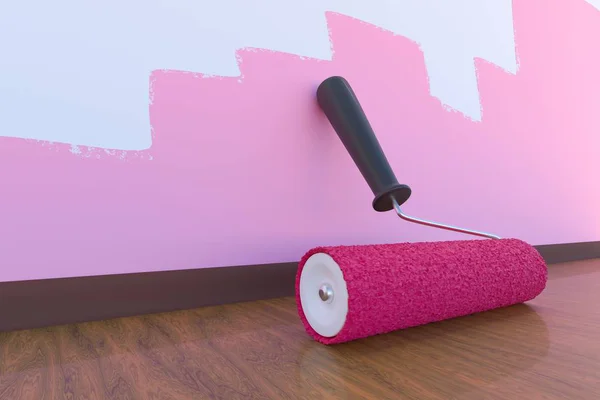 Rolo Pintura Com Cor Rosa Conceito Pintura Quarto Ilustração Renderizada — Fotografia de Stock