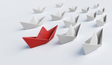 Başkalarının önünde kırmızı kağıt tekne. Liderlik ve fark kavramı. 3D render illüstrasyon.