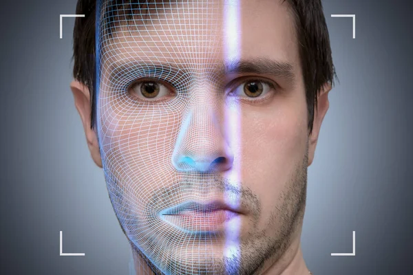 Биометрический Сканер Сканирует Лицо Молодого Человека Концепция Искусственного Интеллекта — стоковое фото