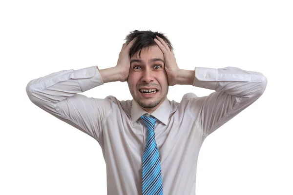 Stressed Young Businessman Holding His Head Isolated White Background — Stock Photo, Image