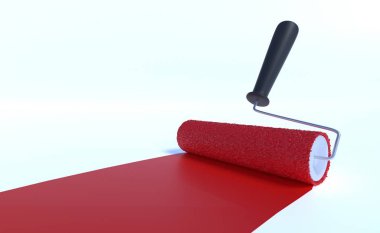 Kırmızı renkle boya silindiri. Beyaz arka plan üzerinde izole. 3D render illüstrasyon.