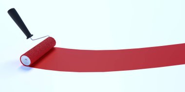 Kırmızı renkle boya silindiri. Beyaz arka plan üzerinde izole. 3D render illüstrasyon.