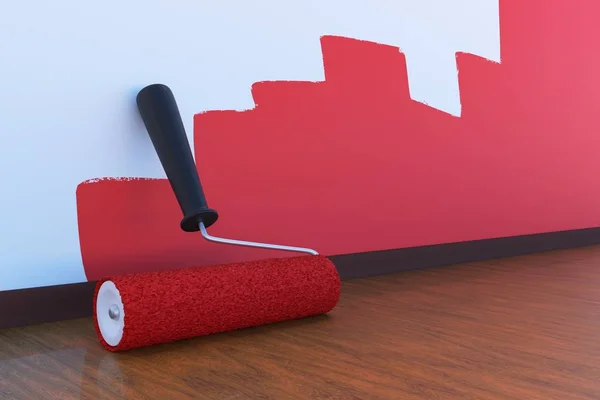 Rum målning koncept. Måla rullen med röd färg inomhus. 3D utsmält illustration. — Stockfoto